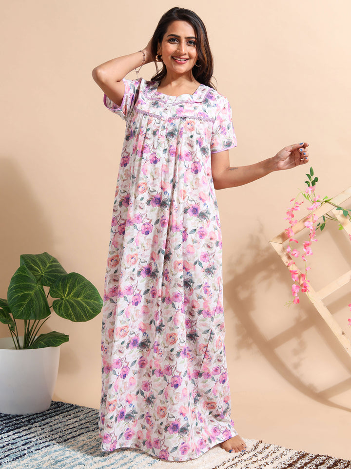 Purple Chikankari Pure Cotton Front Open Nighty for Women