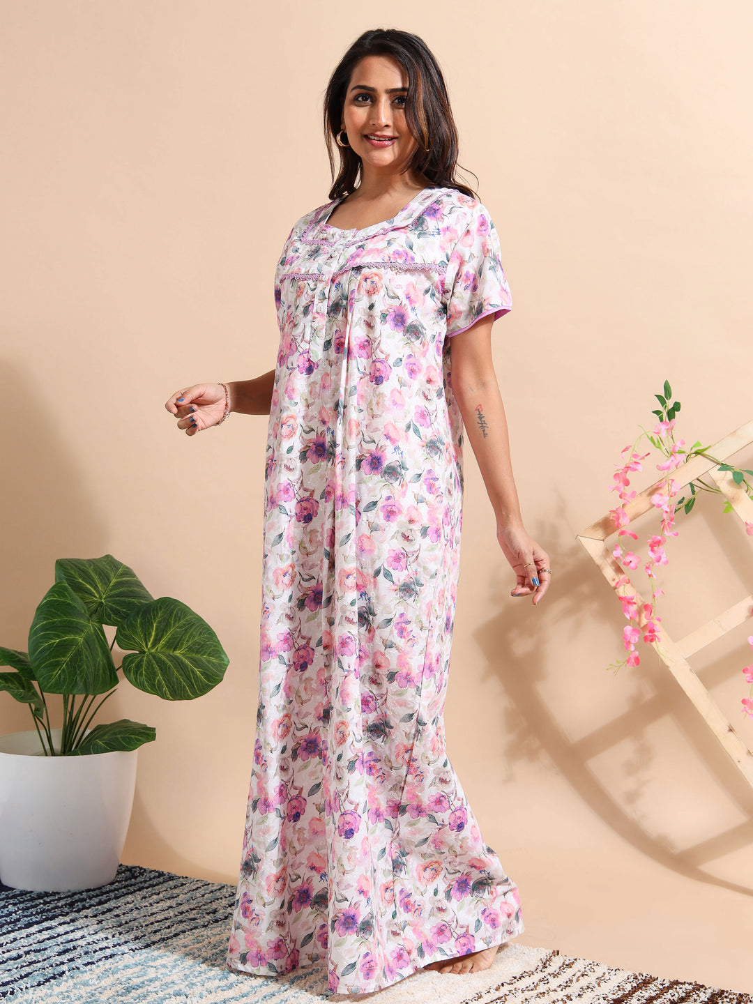 Purple Chikankari Pure Cotton Front Open Nighty for Women