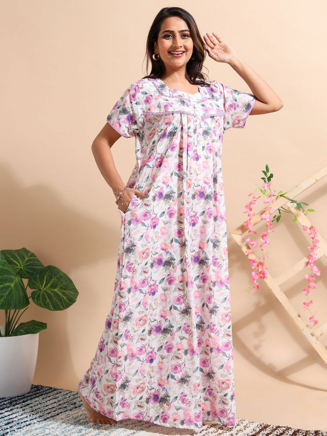 Purple Chikankari Pure Cotton Front Open Nighty for Women