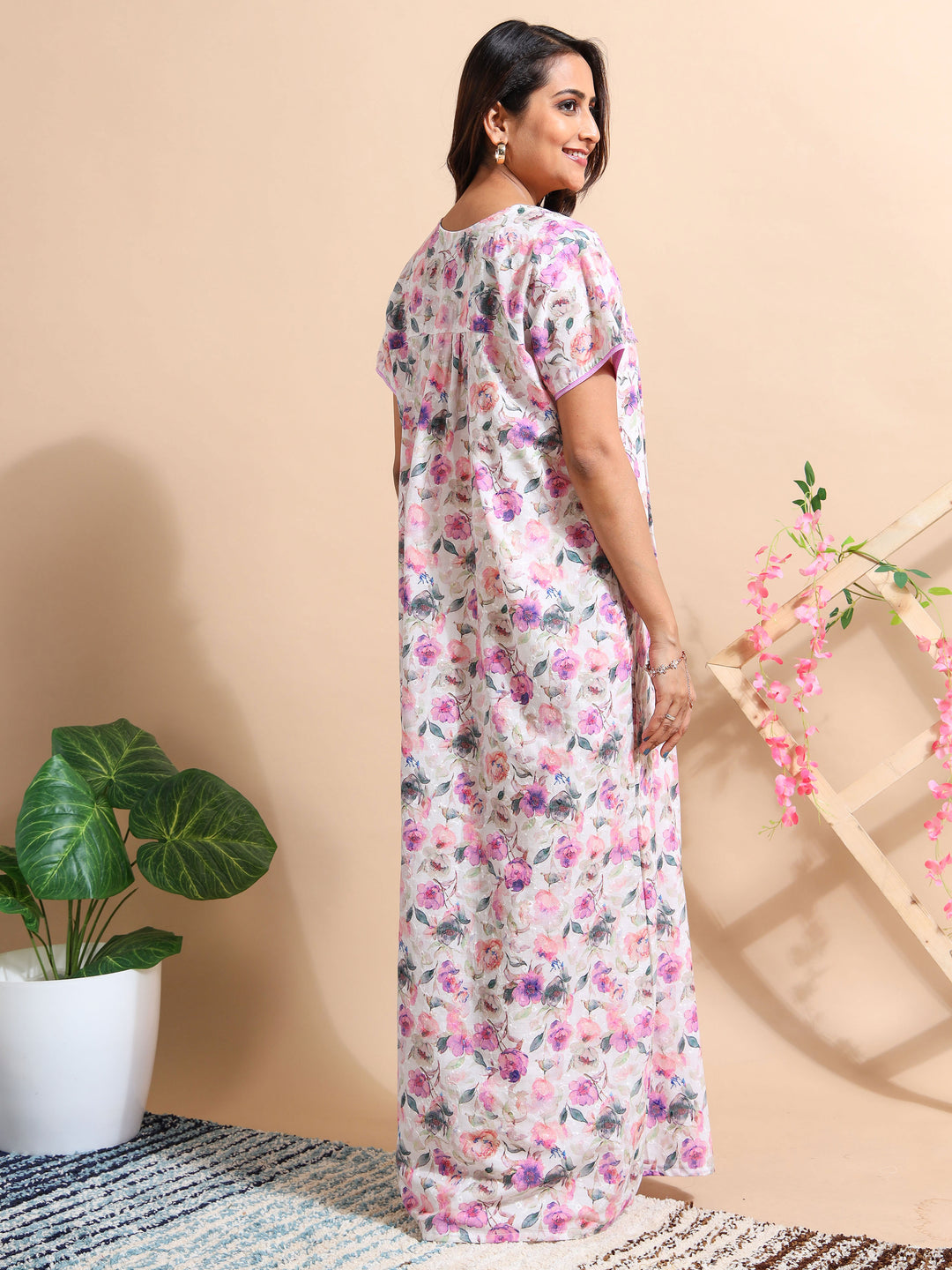 Purple Chikankari Pure Cotton Front Open Nighty for Women