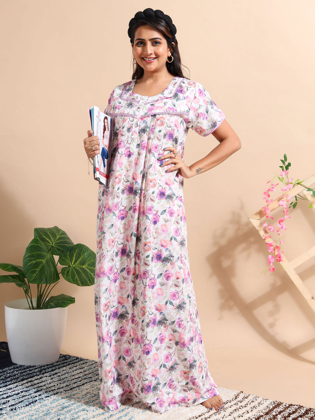 Purple Chikankari Pure Cotton Front Open Nighty for Women