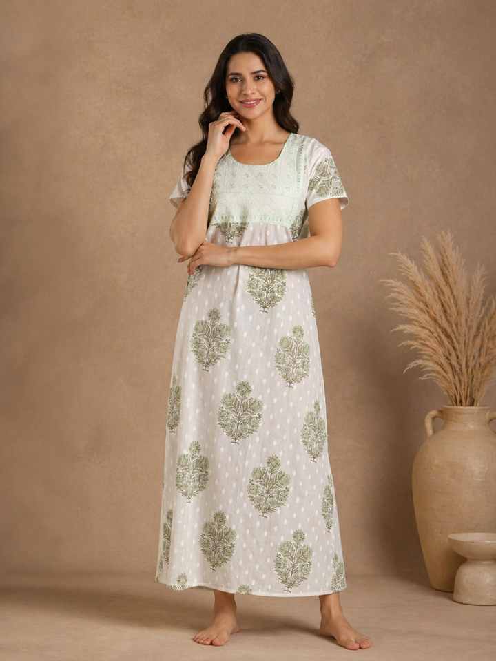 Leaf Print Pure Cotton Nighty for Women with Embroidered Patch