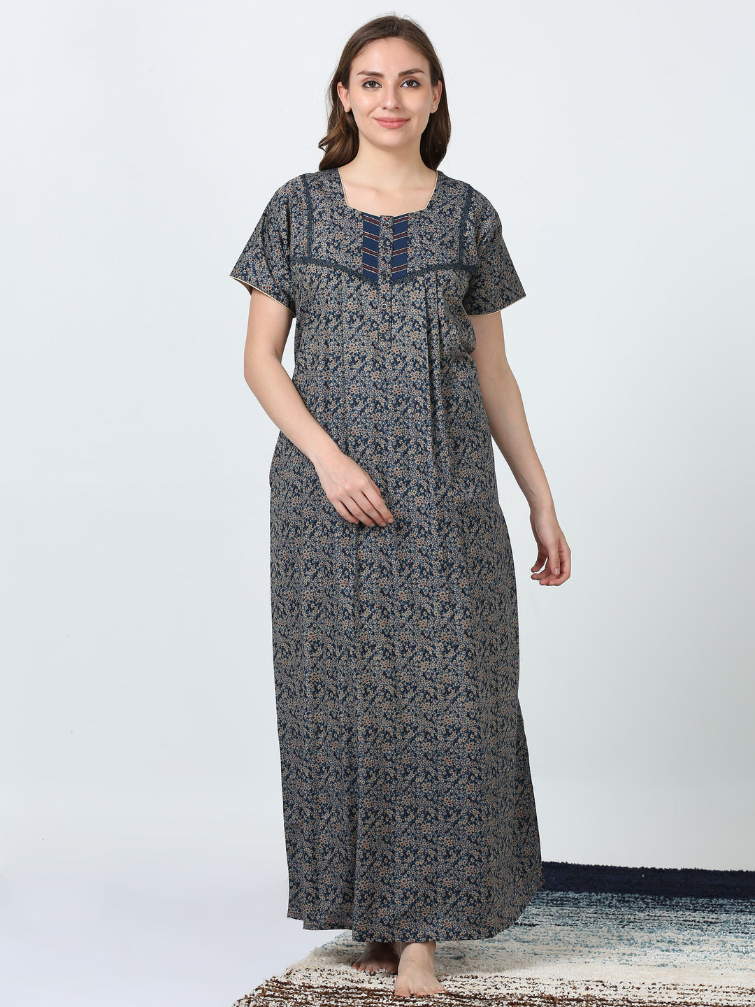  Micro Poly Viscose Nighty  Buy Now! Comfy Micro Poly Viscose Navy Blue Printed Nighty- 9shines label 