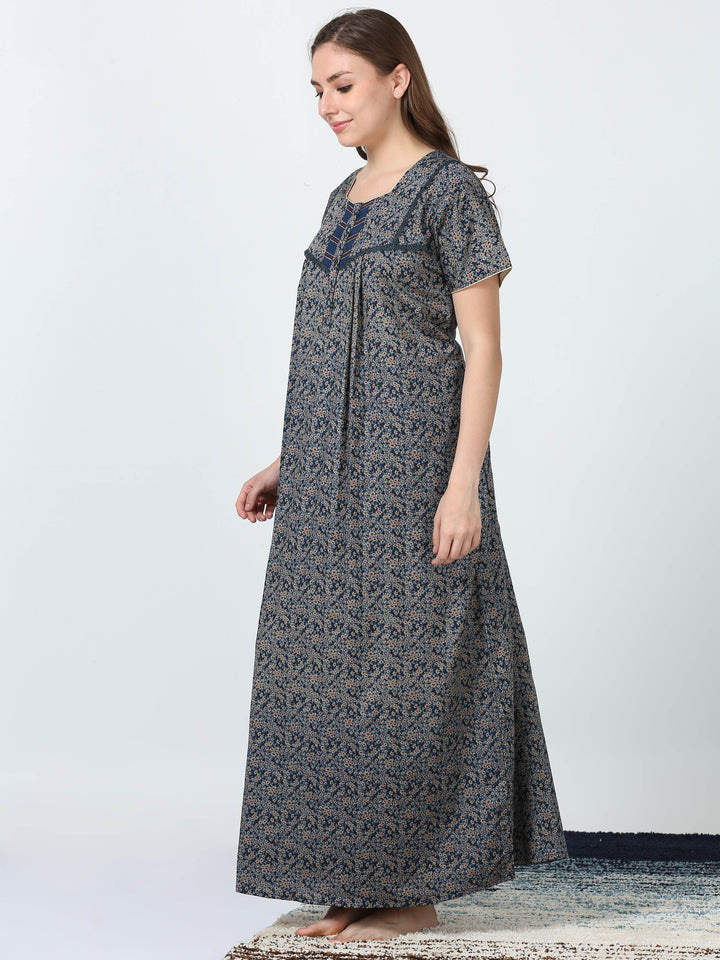  Micro Poly Viscose Nighty  Buy Now! Comfy Micro Poly Viscose Navy Blue Printed Nighty- 9shines label 