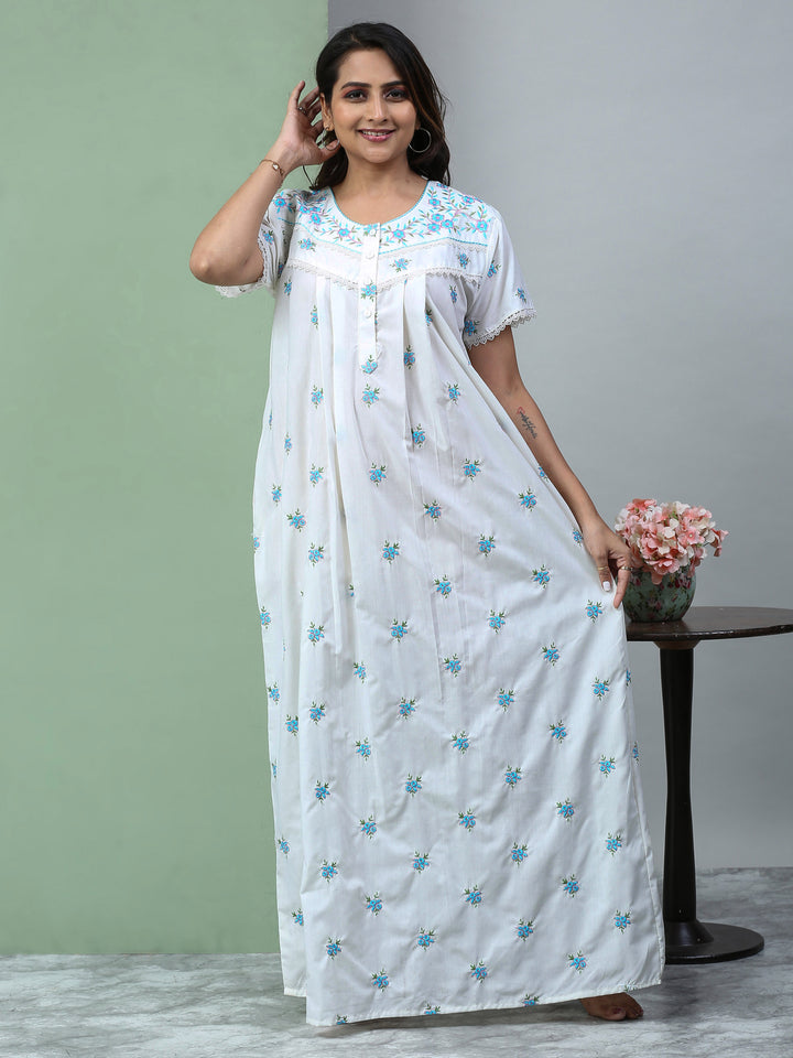 Pure Cotton Light Yellow Chikankari Nighty with Pocket for Women