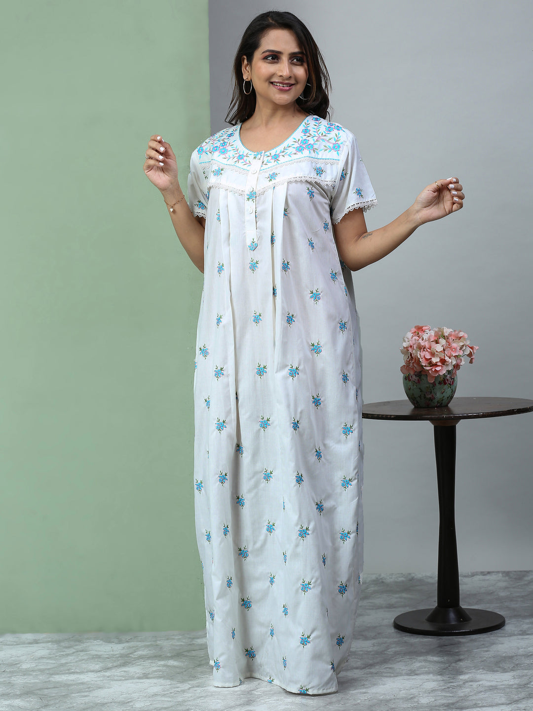 Pure Cotton Light Yellow Chikankari Nighty with Pocket for Women