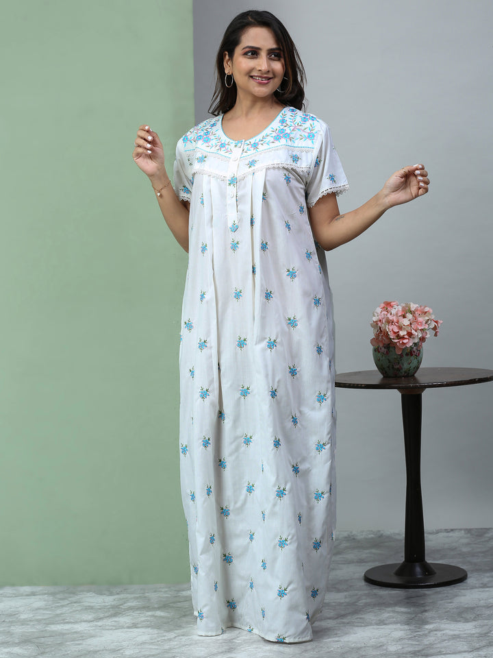 Pure Cotton Light Yellow Chikankari Nighty with Pocket for Women