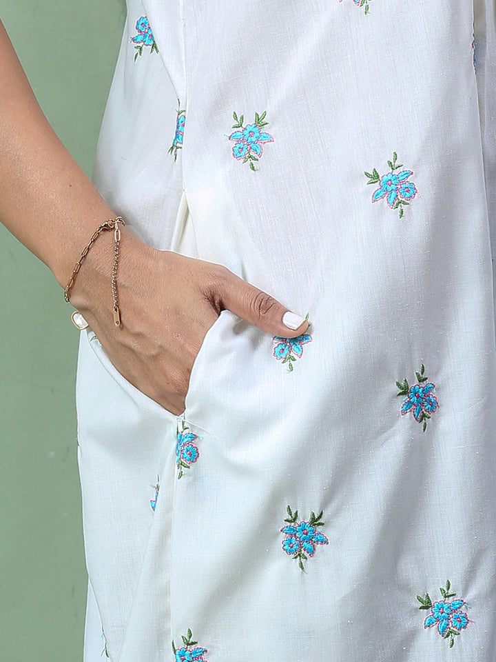 Pure Cotton Light Yellow Chikankari Nighty with Pocket for Women