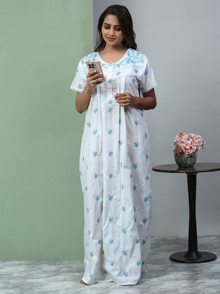 Pure Cotton Light Yellow Chikankari Nighty with Pocket for Women