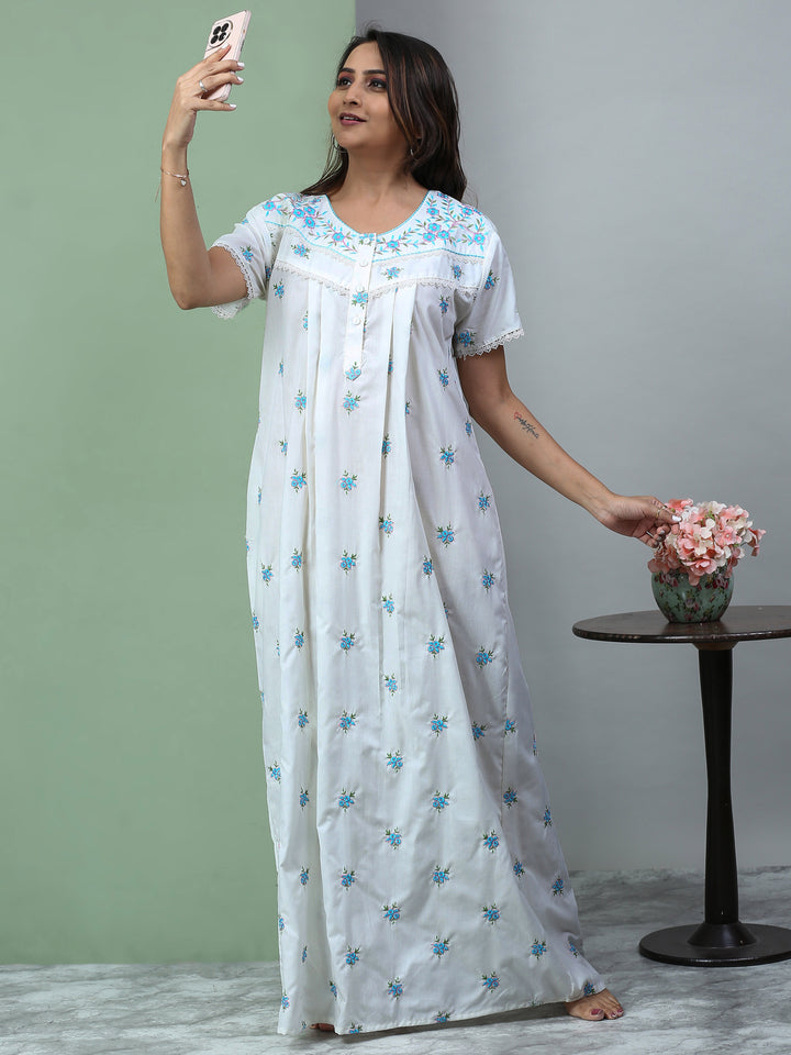 Pure Cotton Light Yellow Chikankari Nighty with Pocket for Women