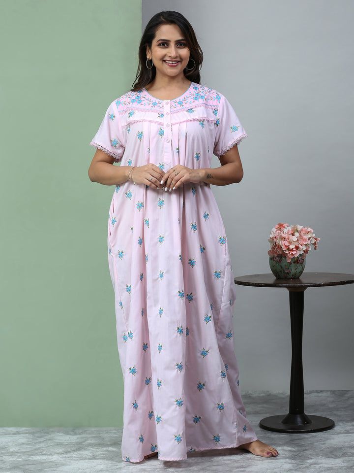Pure Cotton Light Pink Chikankari Nighty with Pocket for Women