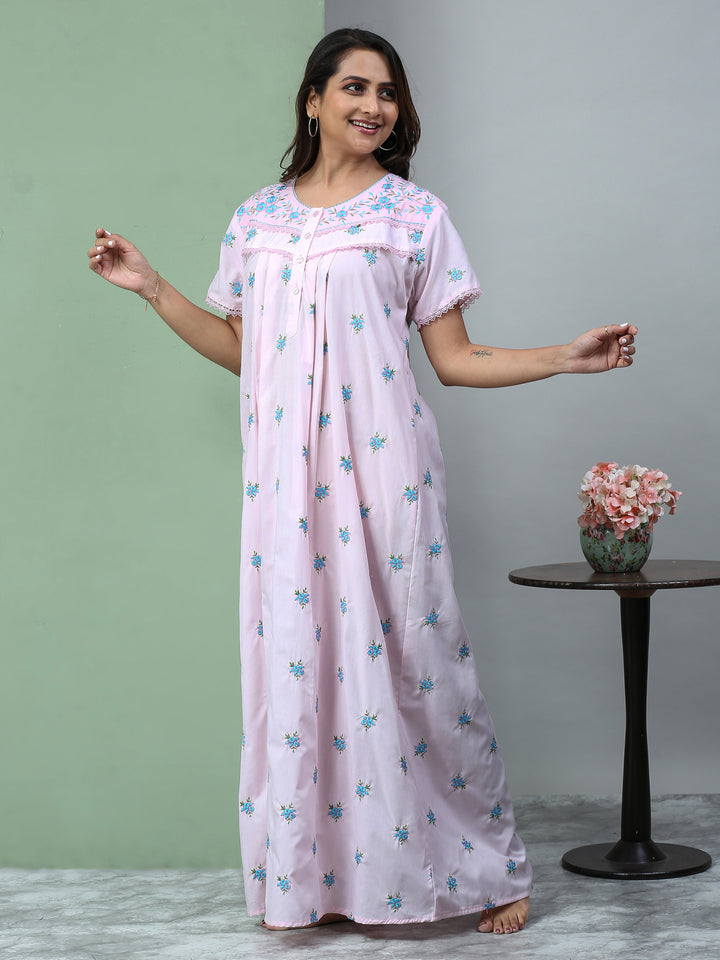 Pure Cotton Light Pink Chikankari Nighty with Pocket for Women