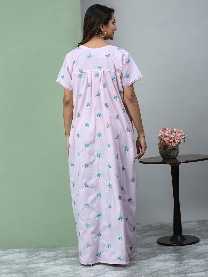 Pure Cotton Light Pink Chikankari Nighty with Pocket for Women
