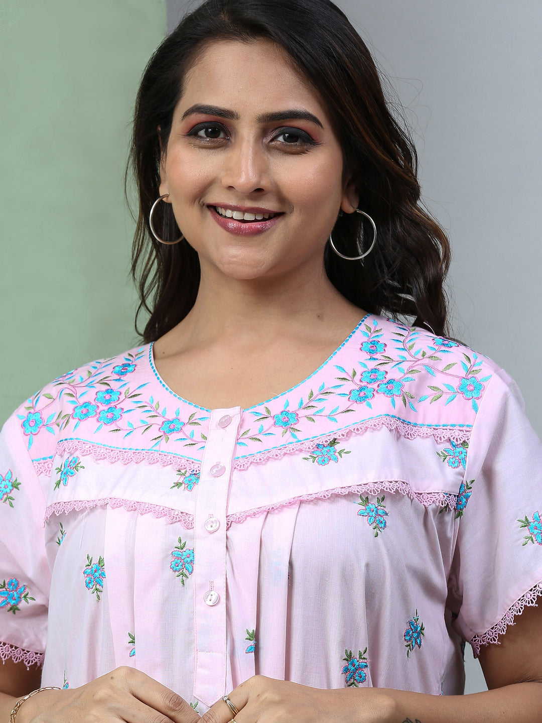 Pure Cotton Light Pink Chikankari Nighty with Pocket for Women