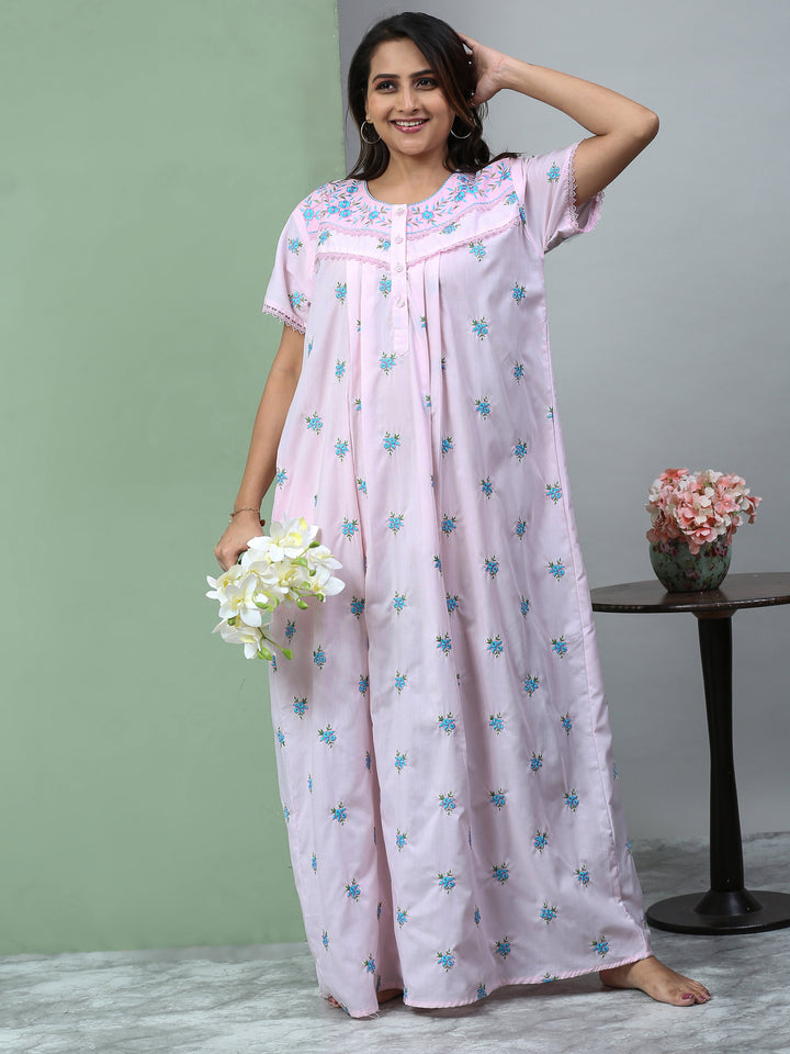 Pure Cotton Light Pink Chikankari Nighty with Pocket for Women