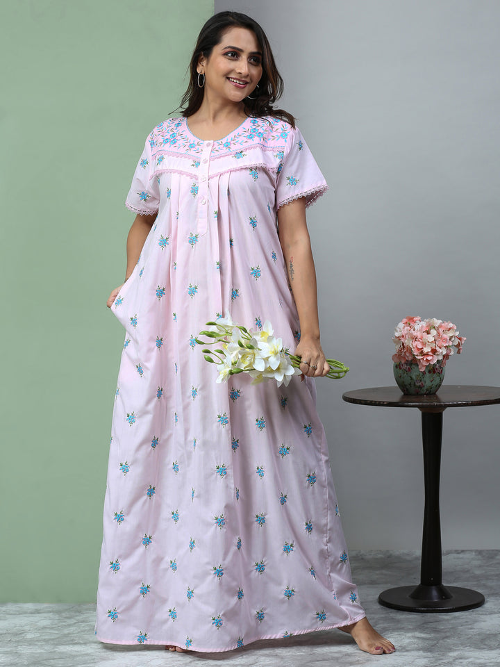 Pure Cotton Light Pink Chikankari Nighty with Pocket for Women
