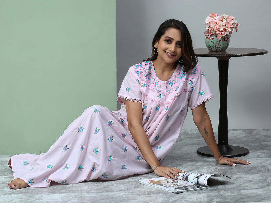 Pure Cotton Light Pink Chikankari Nighty with Pocket for Women