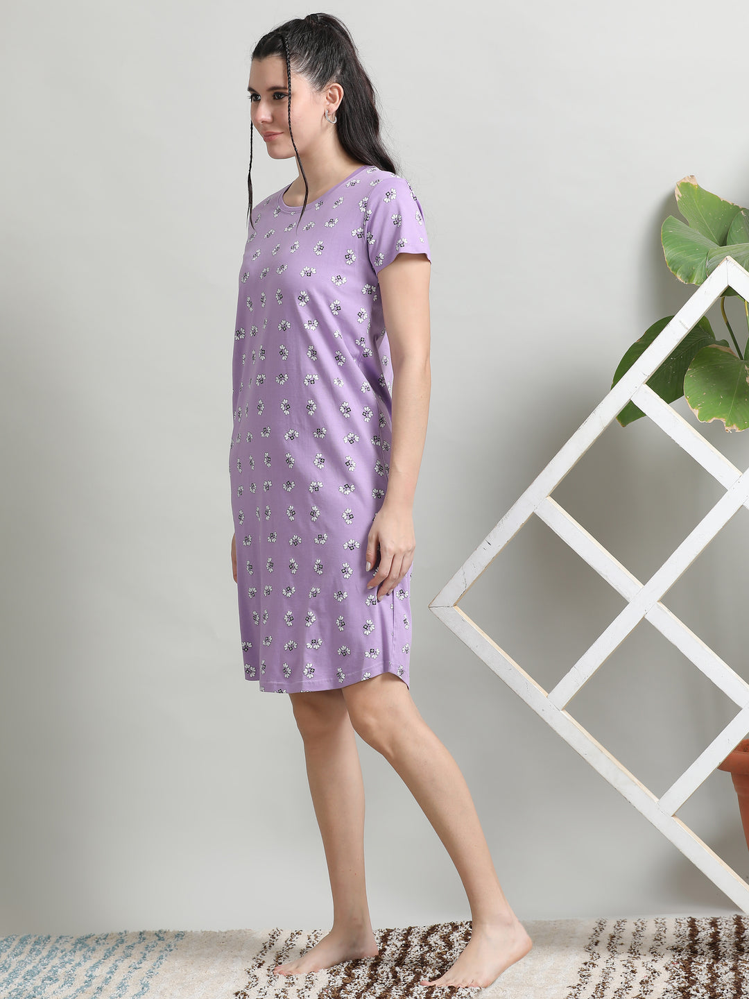 Soft and Stylish Lilac Cotton Short Nighty for Women