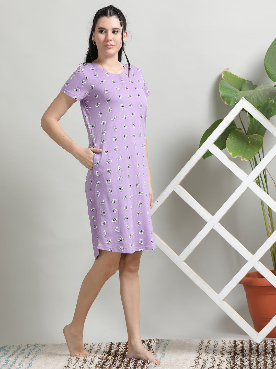 Soft and Stylish Lilac Cotton Short Nighty for Women