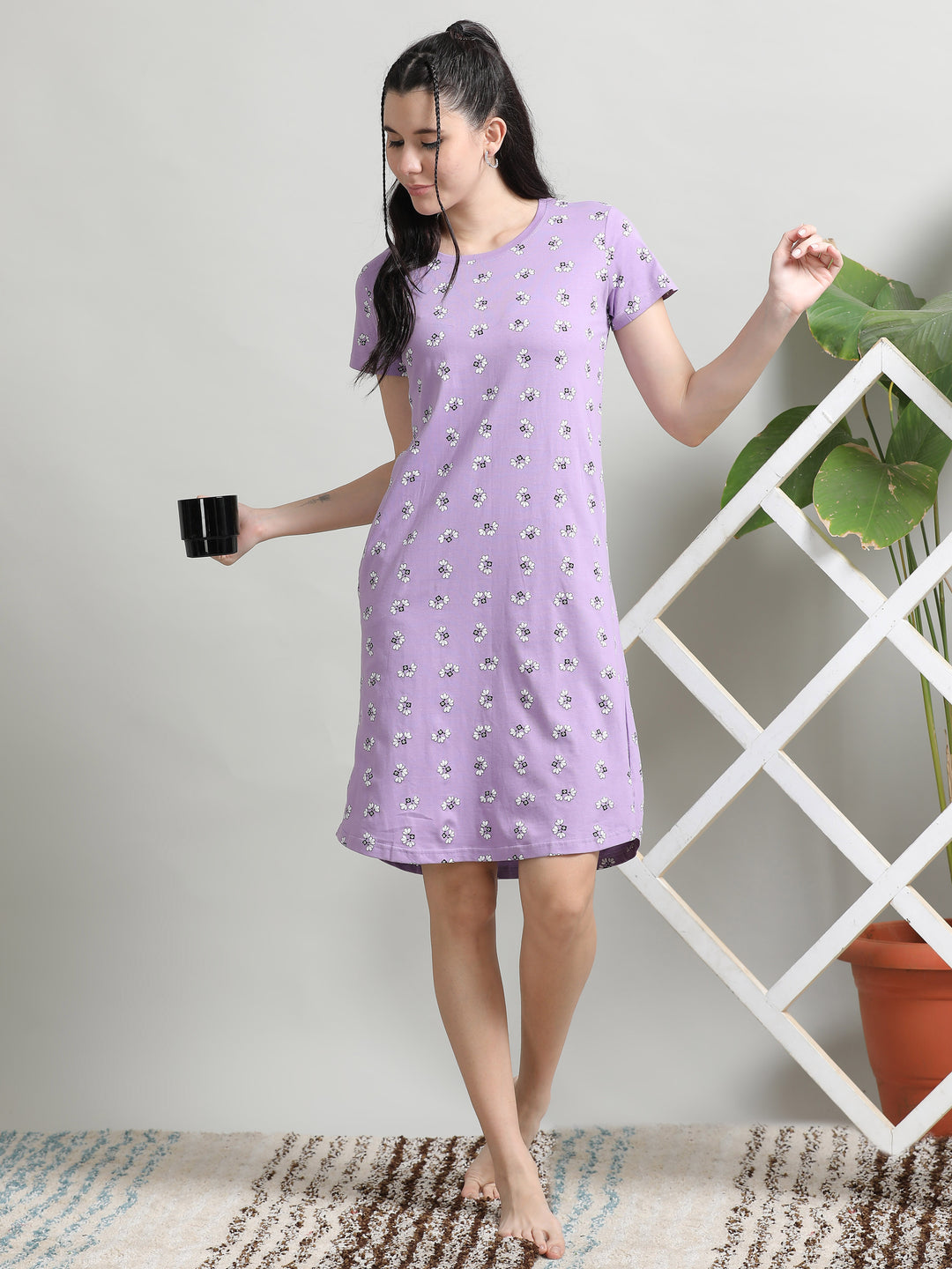 Soft and Stylish Lilac Cotton Short Nighty for Women