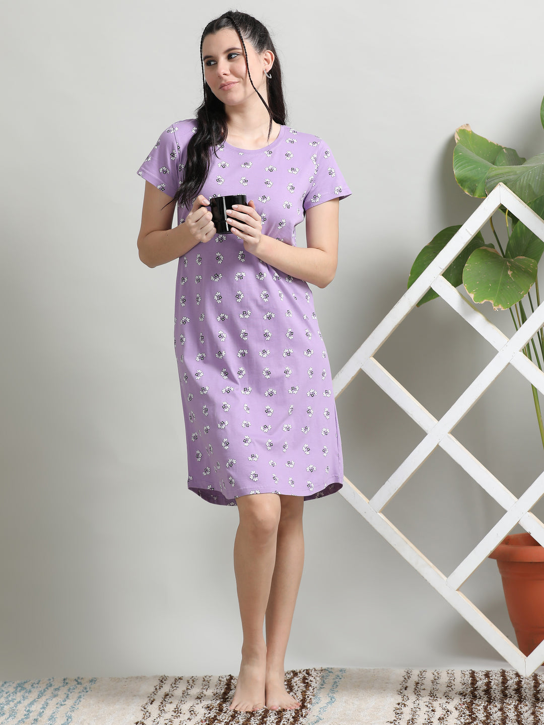 Soft and Stylish Lilac Cotton Short Nighty for Women