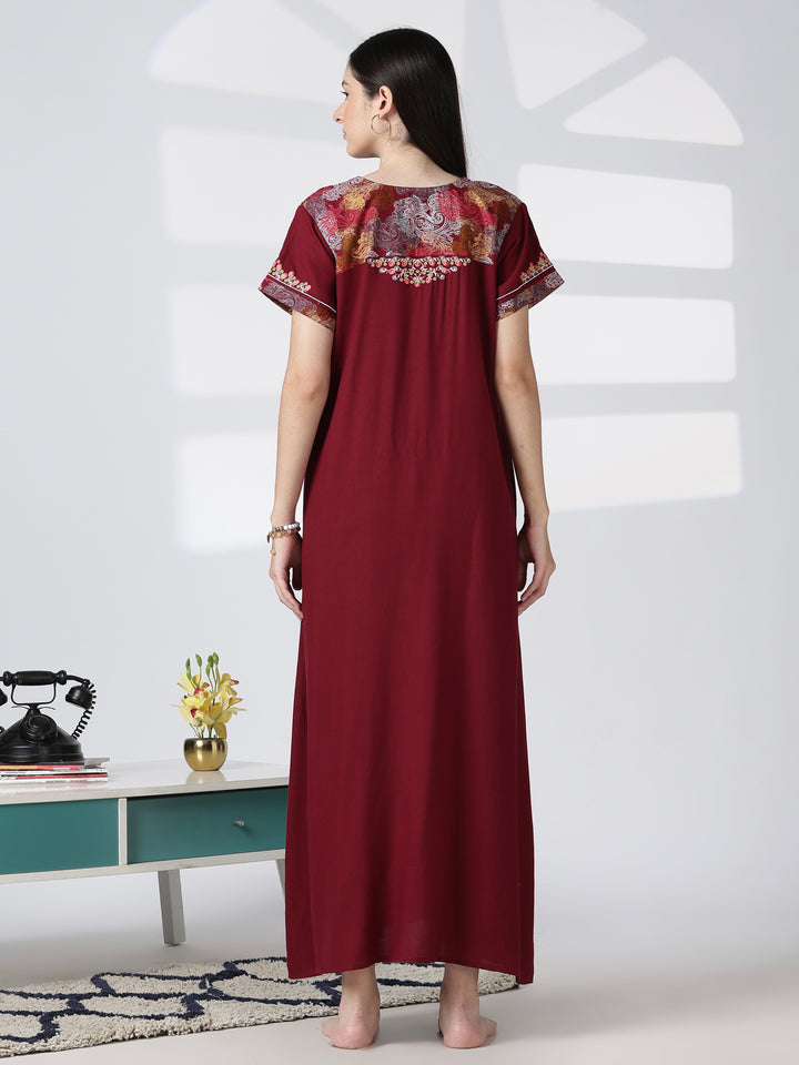 Regal Maroon Alpine Designer Nighty for Women with Embroidered A Line Fit