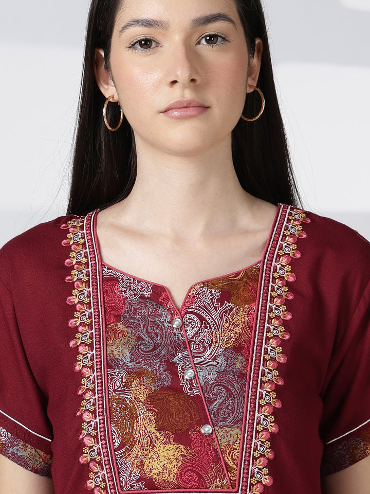 Regal Maroon Alpine Designer Nighty for Women with Embroidered A Line Fit