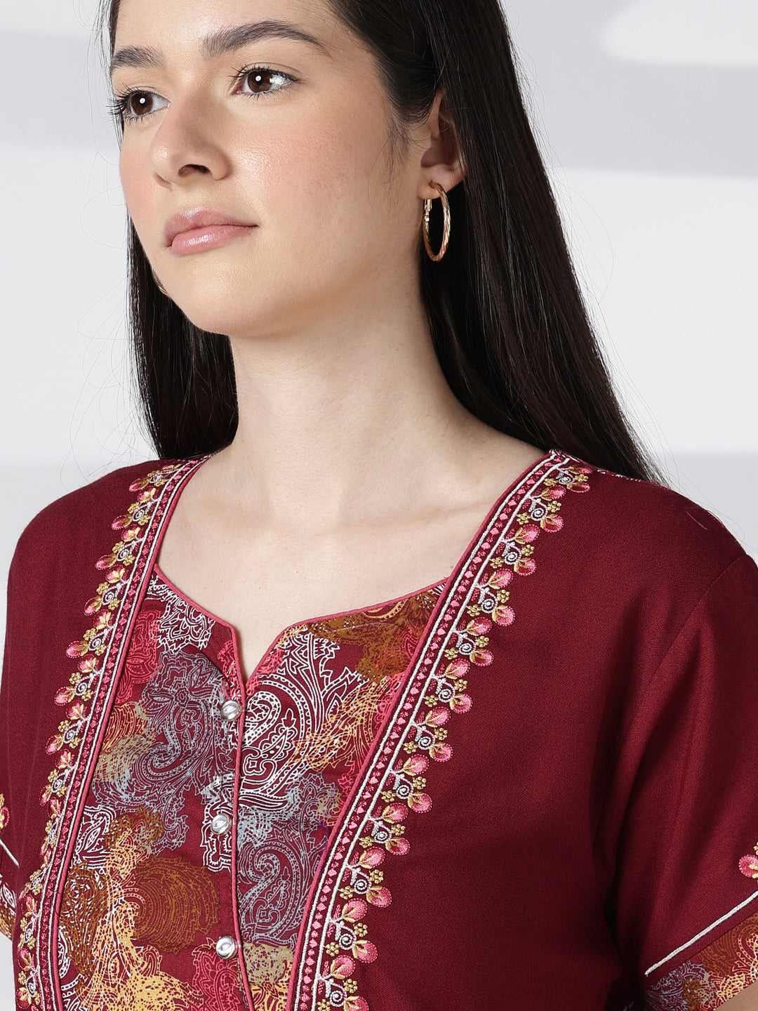 Regal Maroon Alpine Designer Nighty for Women with Embroidered A Line Fit