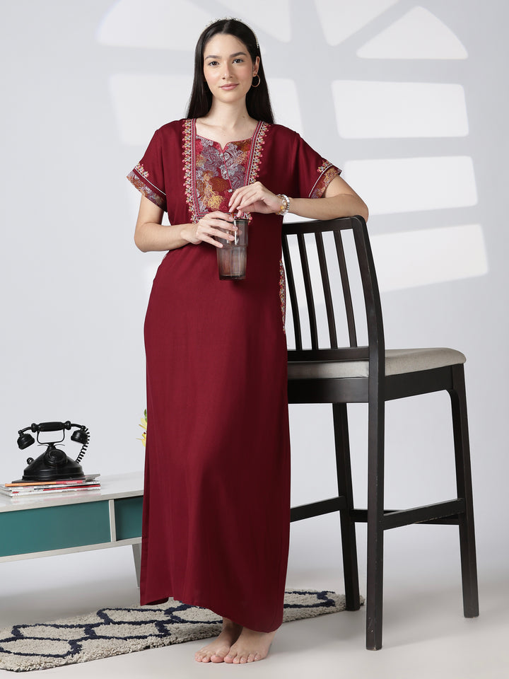 Regal Maroon Alpine Designer Nighty for Women with Embroidered A Line Fit