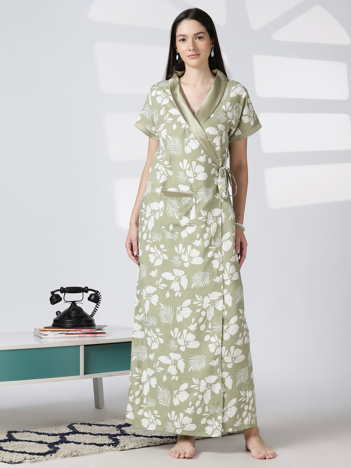 Sage Bloom Floral Poly Viscose House Coat for Women