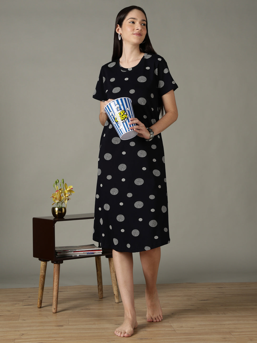 Black dot printed short night dress for women in soft comfortable fabric