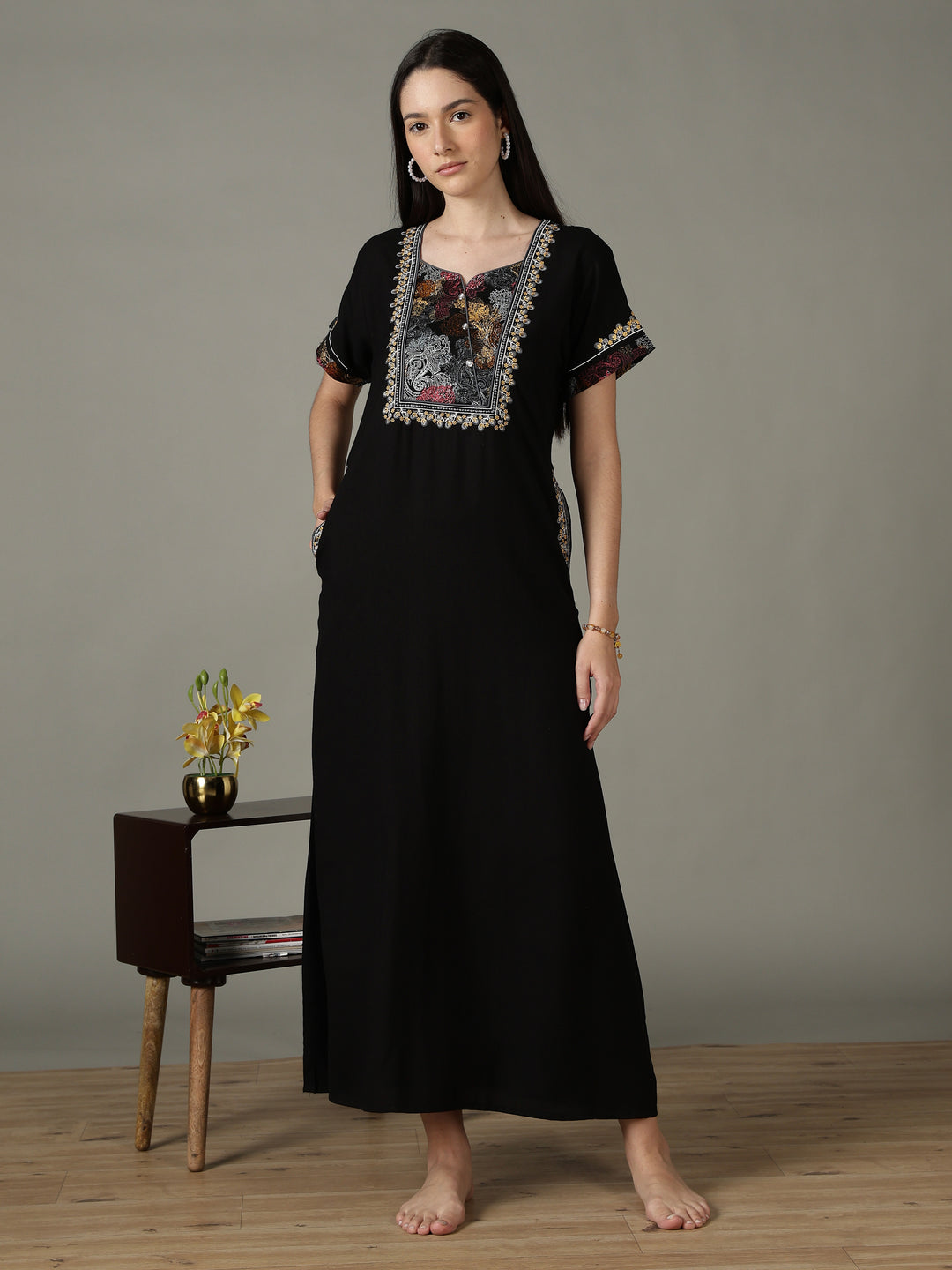 Regal Black Alpine Designer Nighty for Women with Embroidered A Line Fit