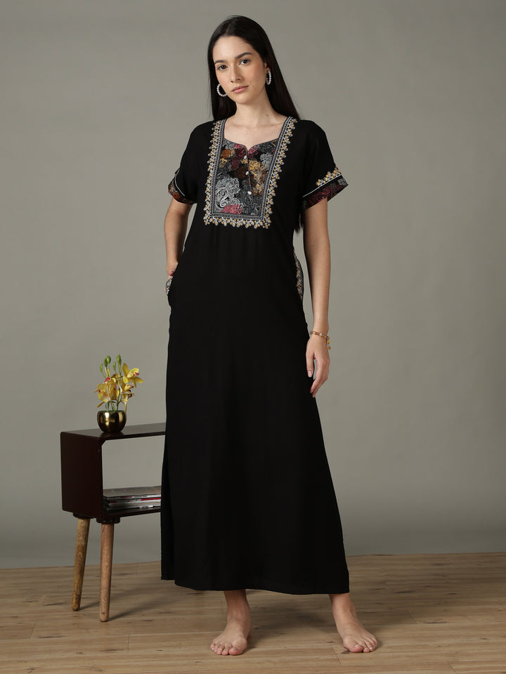 Regal Black Alpine Designer Nighty for Women with Embroidered A Line Fit
