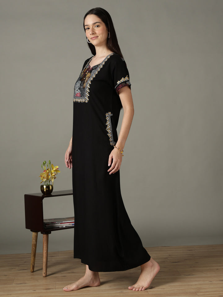 Regal Black Alpine Designer Nighty for Women with Embroidered A Line Fit