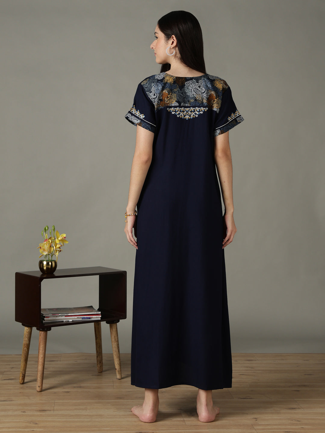 Regal Navy Alpine Designer Nighty for Women with Embroidered A Line Fit