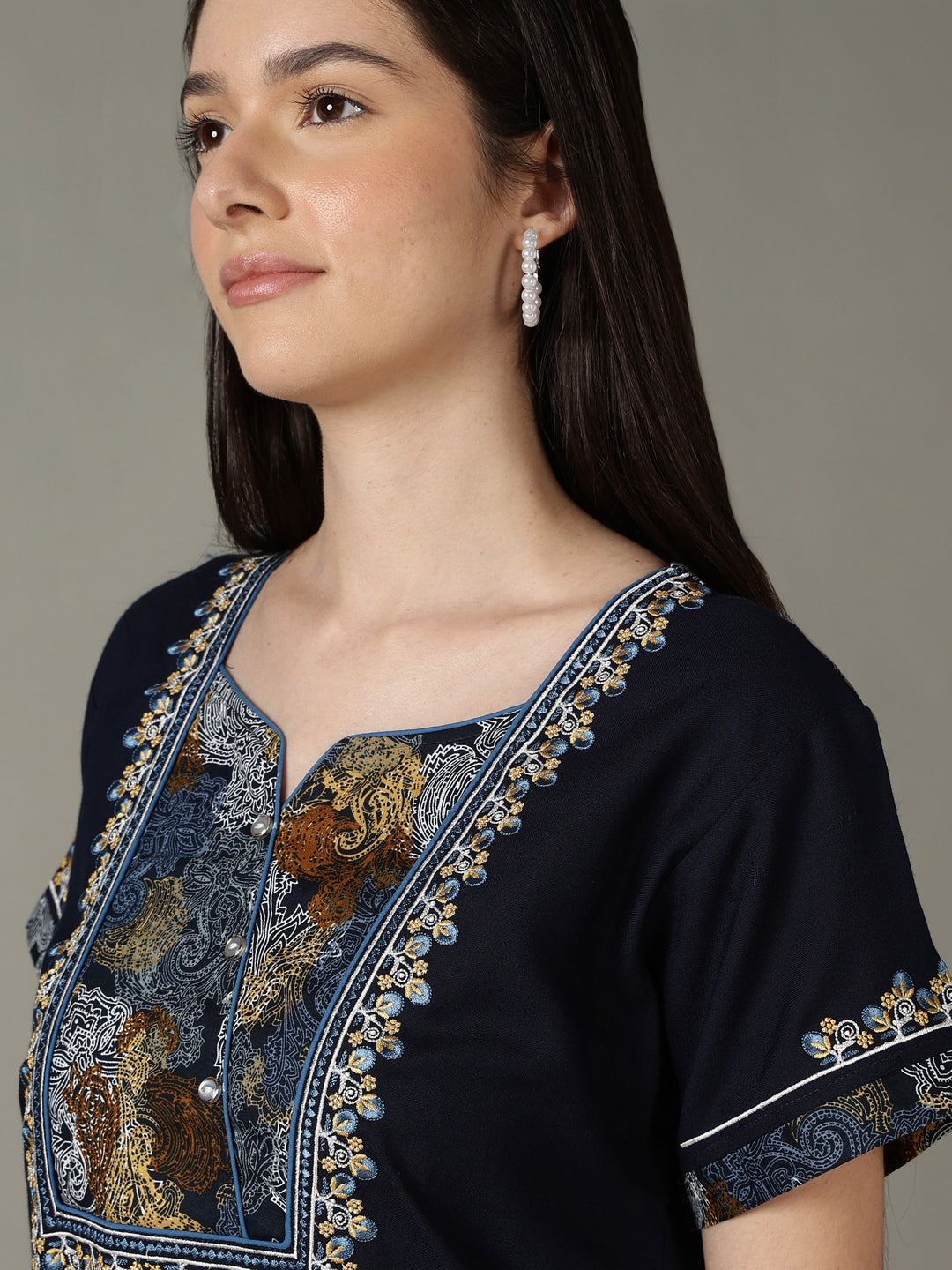 Regal Navy Alpine Designer Nighty for Women with Embroidered A Line Fit