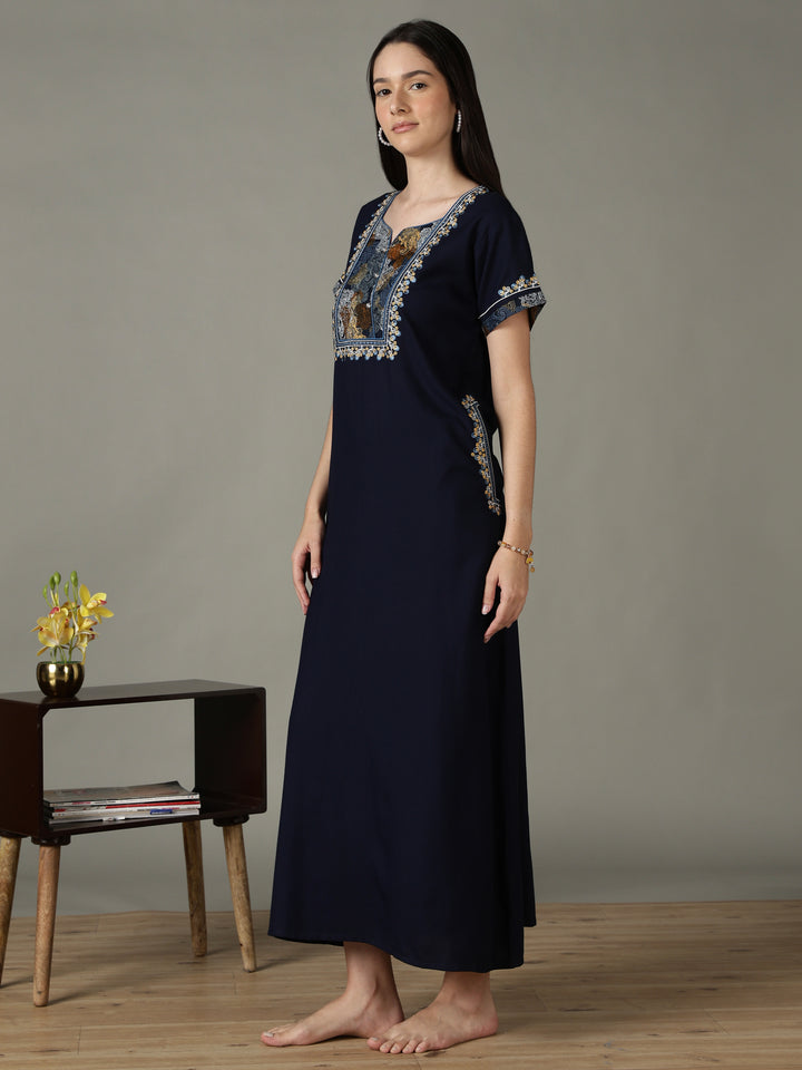 Regal Navy Alpine Designer Nighty for Women with Embroidered A Line Fit