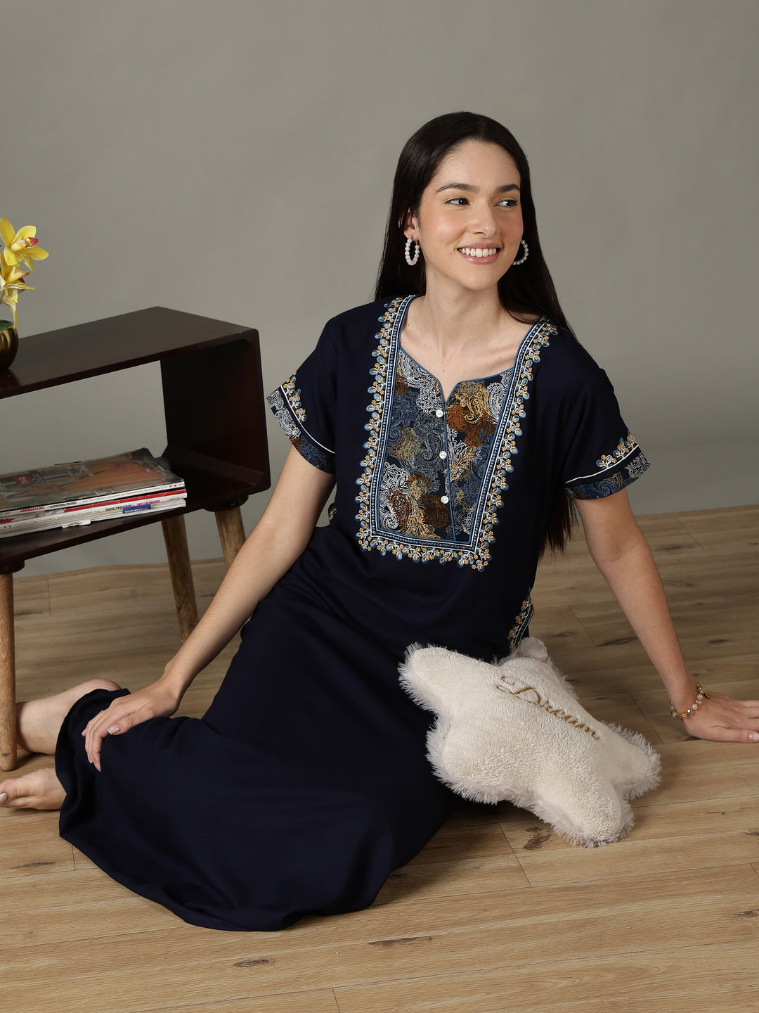 Regal Navy Alpine Designer Nighty for Women with Embroidered A Line Fit