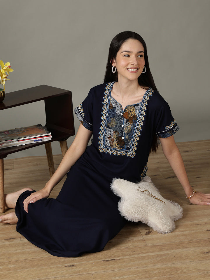 Regal Navy Alpine Designer Nighty for Women with Embroidered A Line Fit