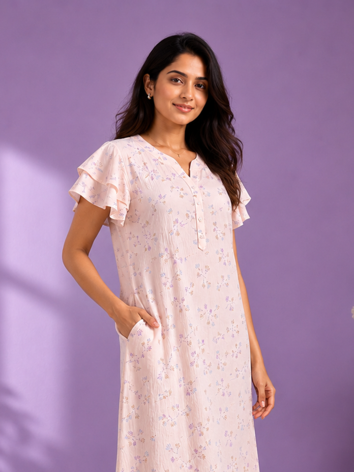 Pastel Peach Bamboo Feel Crush Cotton Designer Nighty for Women