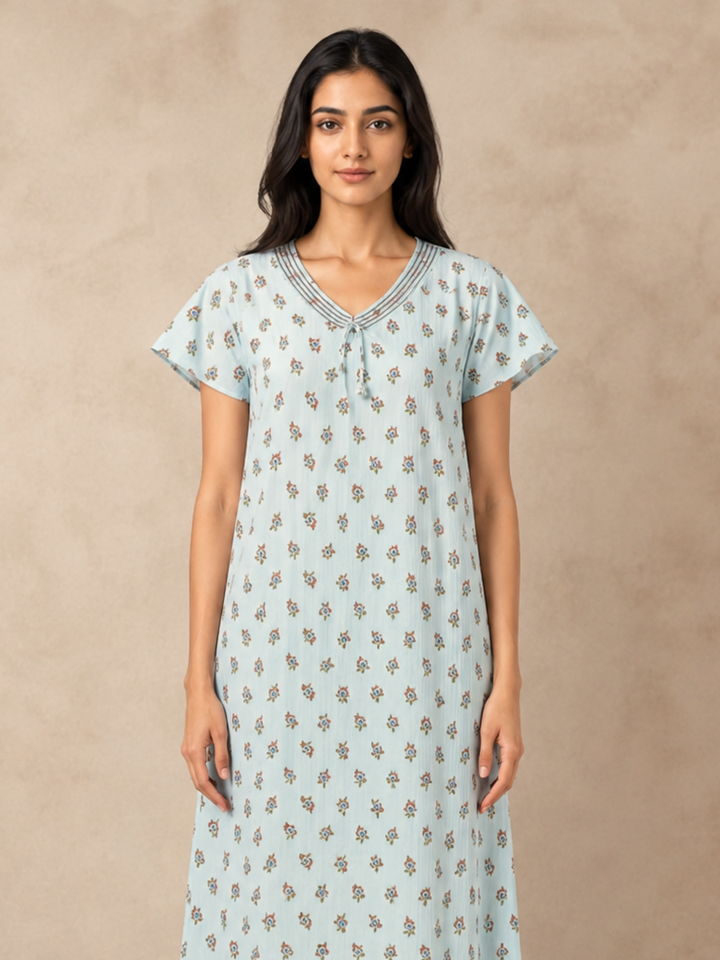 Green Buti Print Bamboo Feel Crush Cotton Nighty for Women