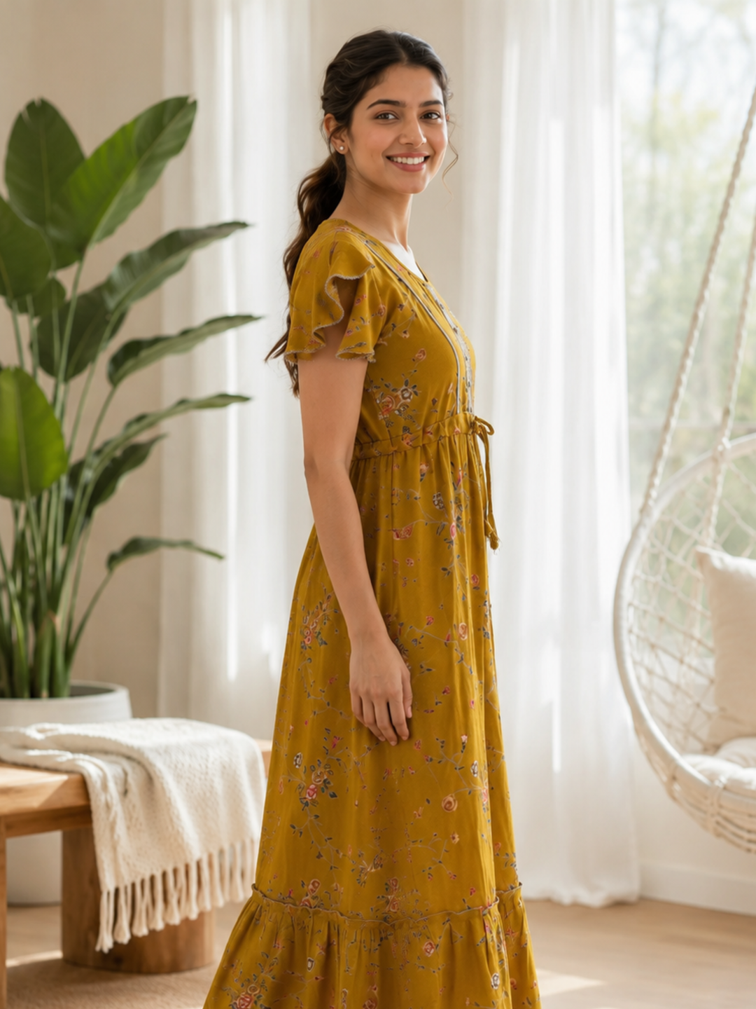 Floret Mustard Alpine Designer Nighty for Women with Frock Fit