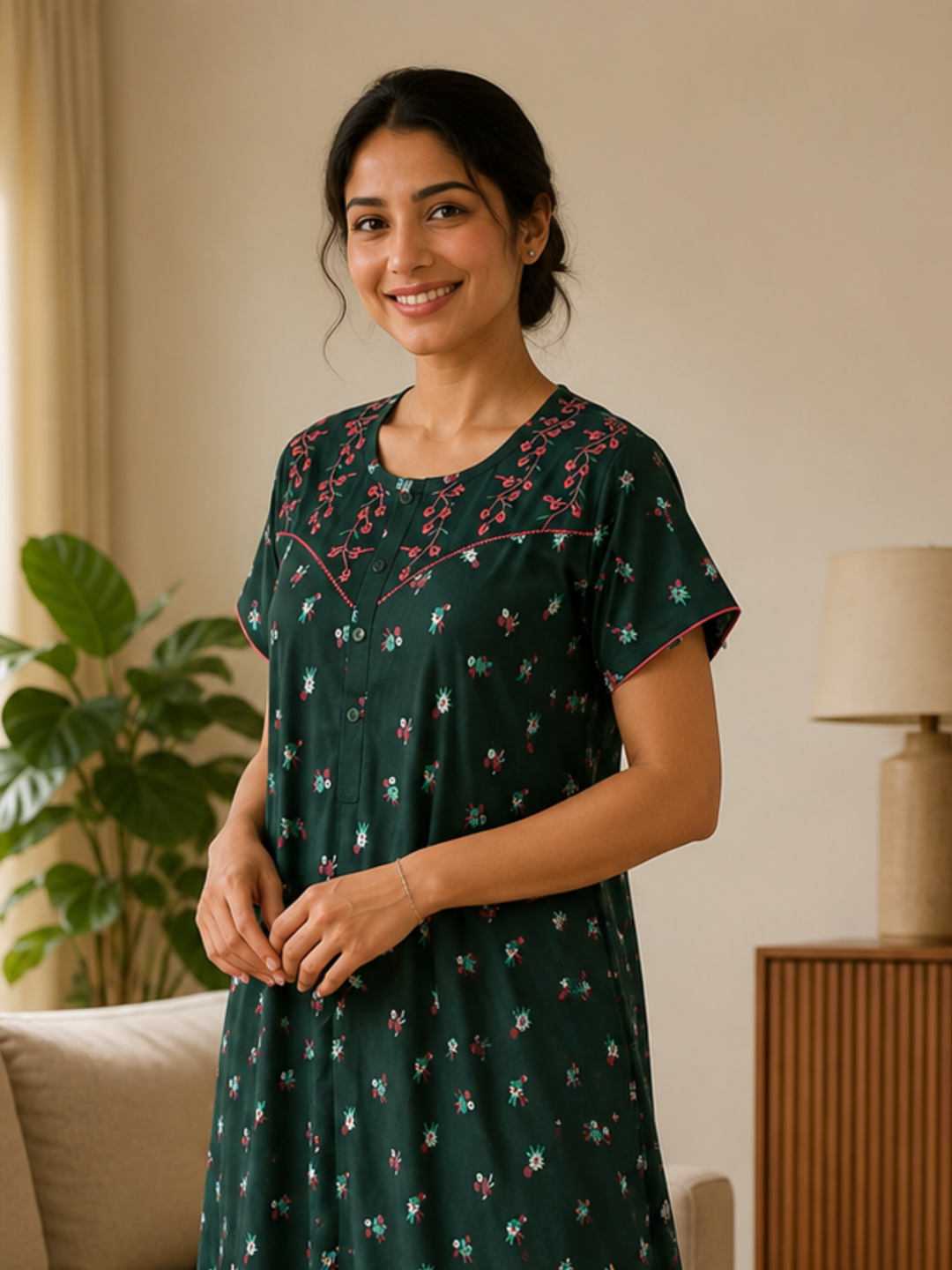 Bottle Green Floral Cotton Blend Designer Nighty for Women
