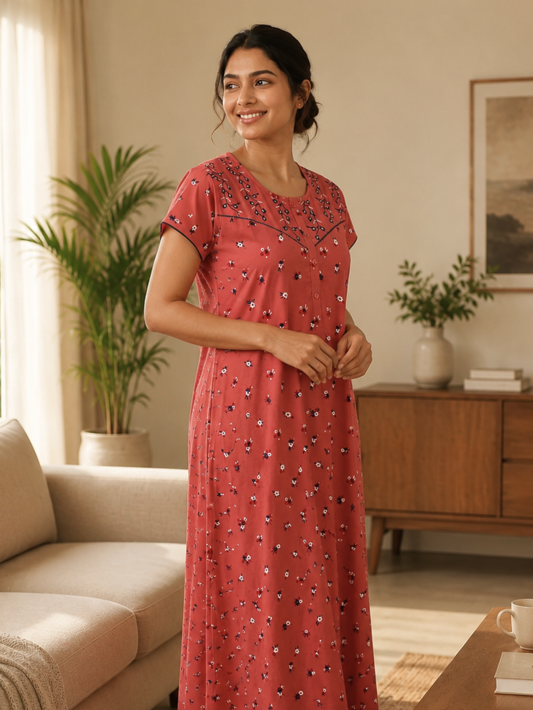 Dark Peach Floral Cotton Blend Designer Nighty for Women