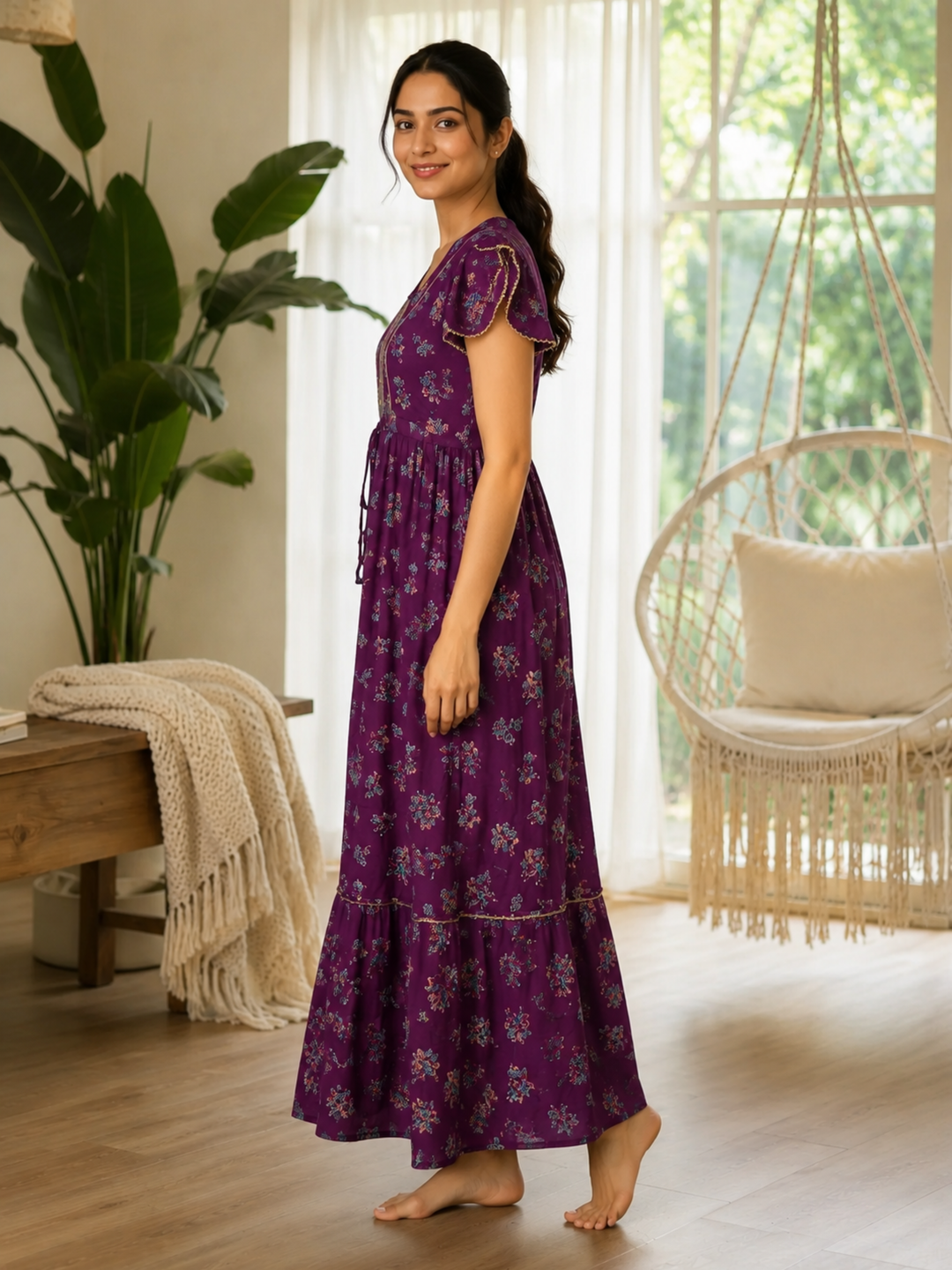 Blossom Wine Alpine Designer Nighty for Women Comfortable Frock Style