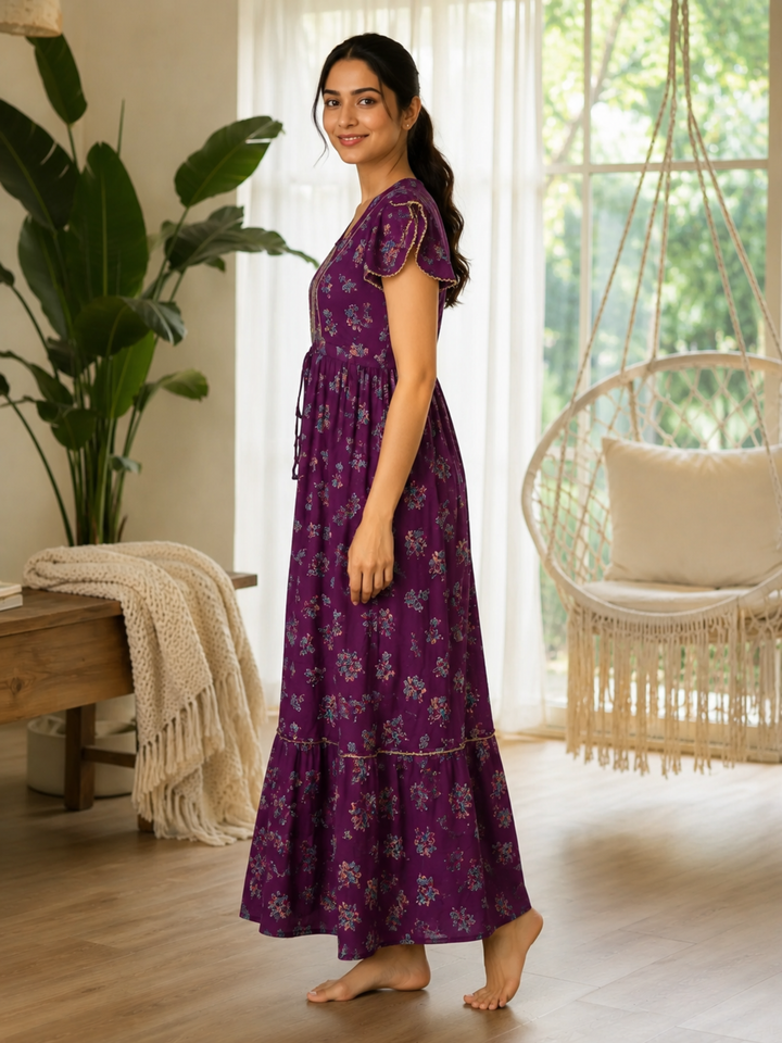 Blossom Wine Alpine Designer Nighty for Women Comfortable Frock Style