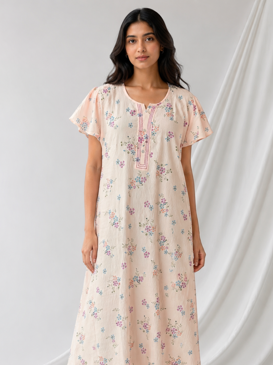 Meadow Peach Floral Crush Cotton Nighty for Women Breathable