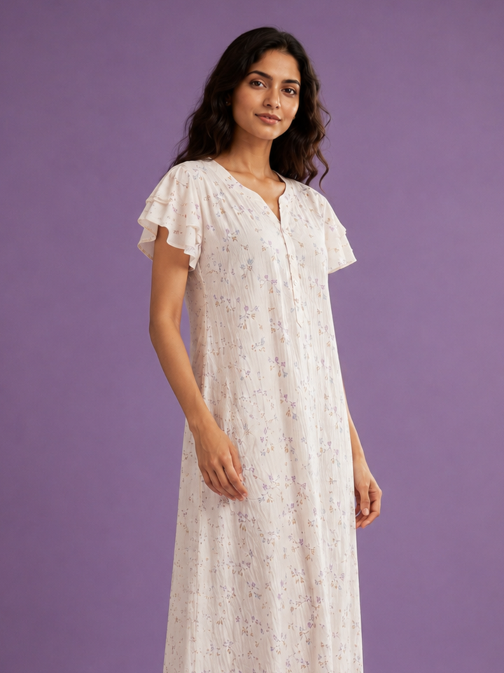 Pastel Cream Bamboo Feel Crush Cotton Floral Designer Nighty