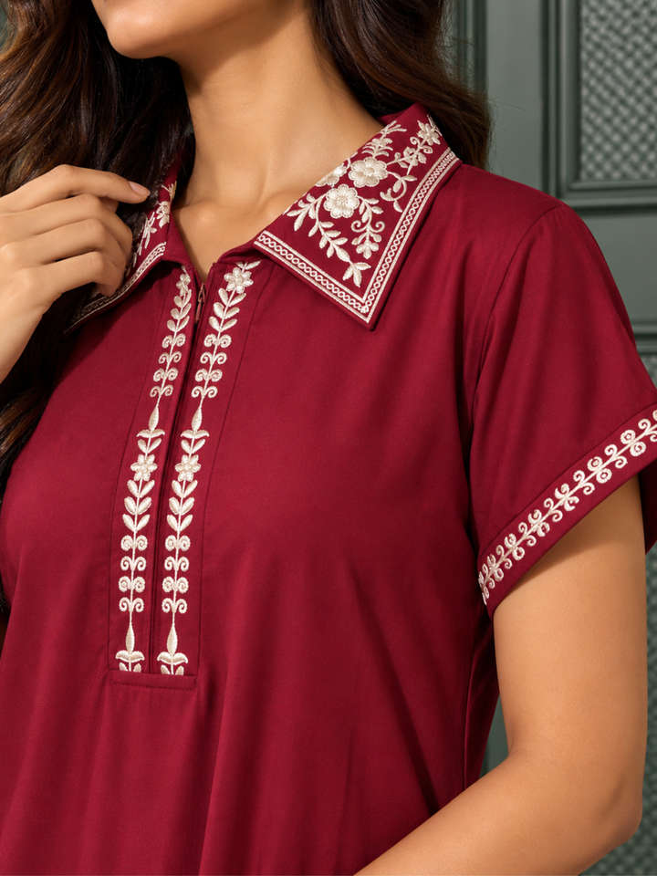 Maroon Alpine Designer Nighty for Women with Art Resham Embroidery