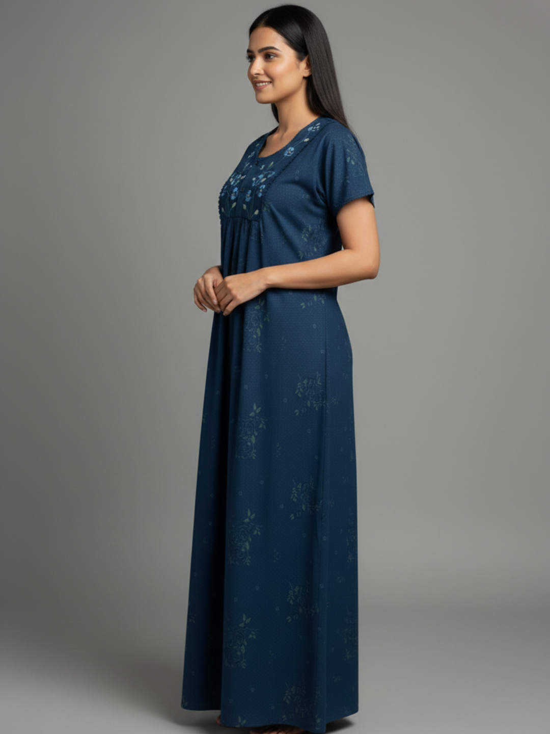 Floral Pleated Cotton Blend Nighty for Women in Indigo Shade